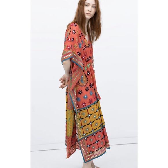 NWT Zara Embroidered Beaded Kaftan Dress M Boho Ethnic Viscose Colorful Maxi - Picture 2 of 13